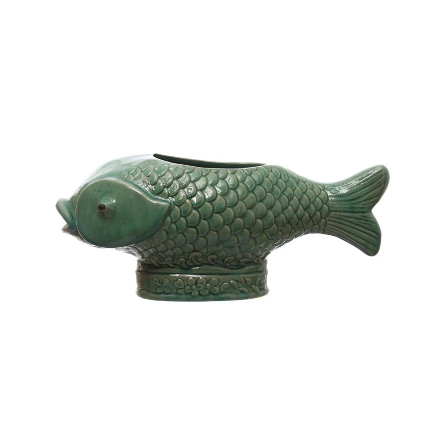 Green Debossed Stoneware Fish/Koi Planter - Mockingbird on Broad