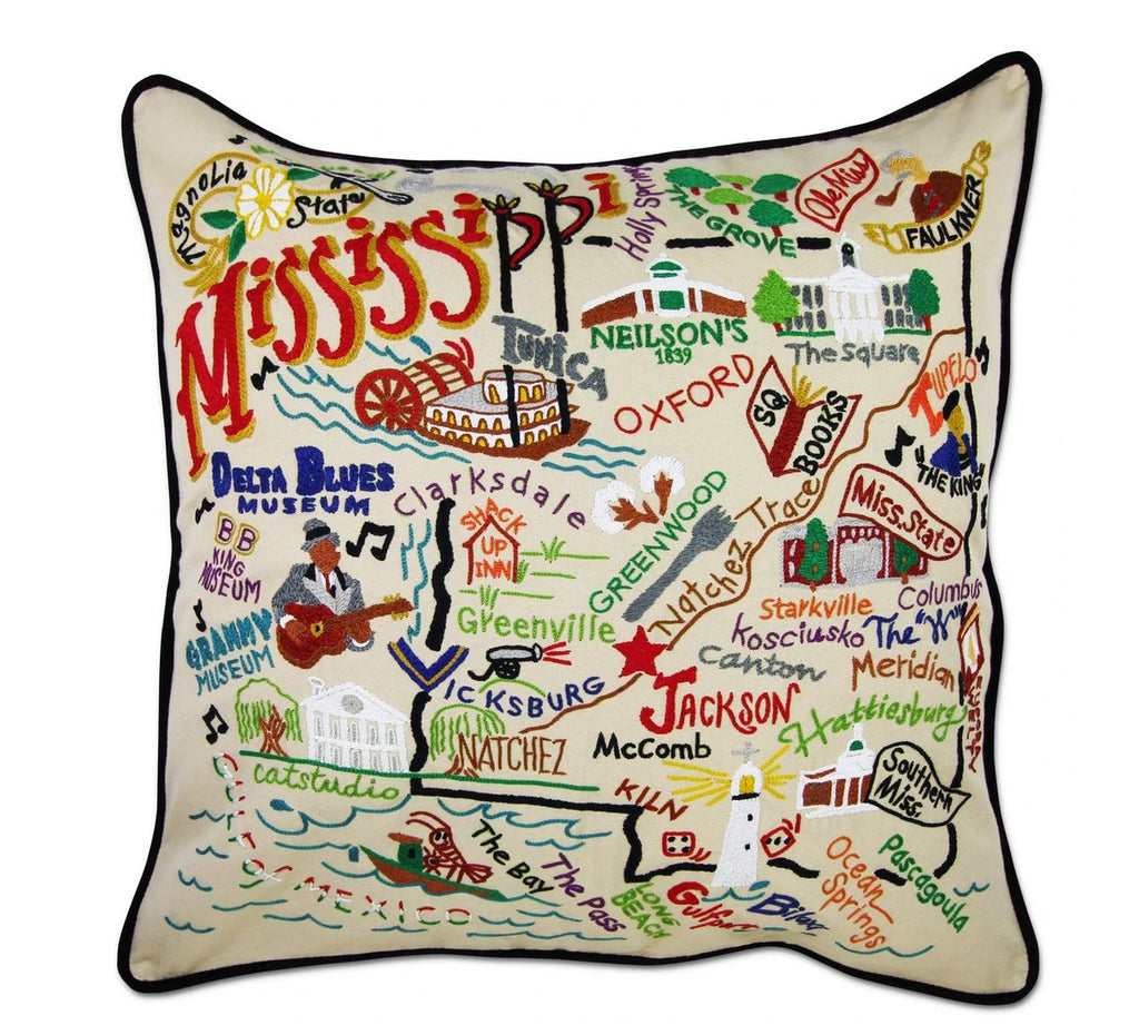 catstudio - Mississippi Pillow - Mockingbird on Broad
Capturing the essence of a place, each of our geography collection pillows is EMBROIDERED by HAND on 100% organic cotton.