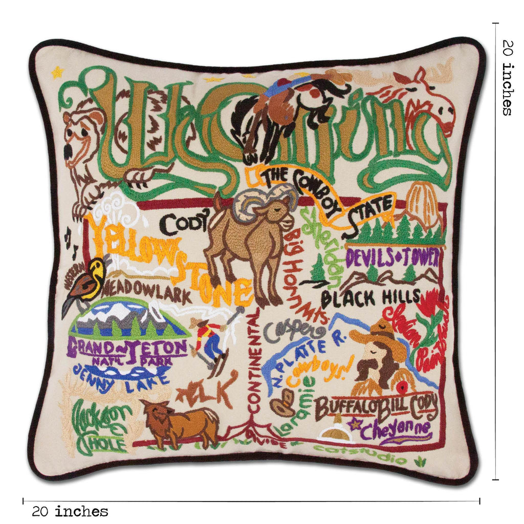 catstudio - Wyoming Pillow - Capturing the essence of a place, each of our geography collection pillows is EMBROIDERED by HAND on 100% organic cotton.