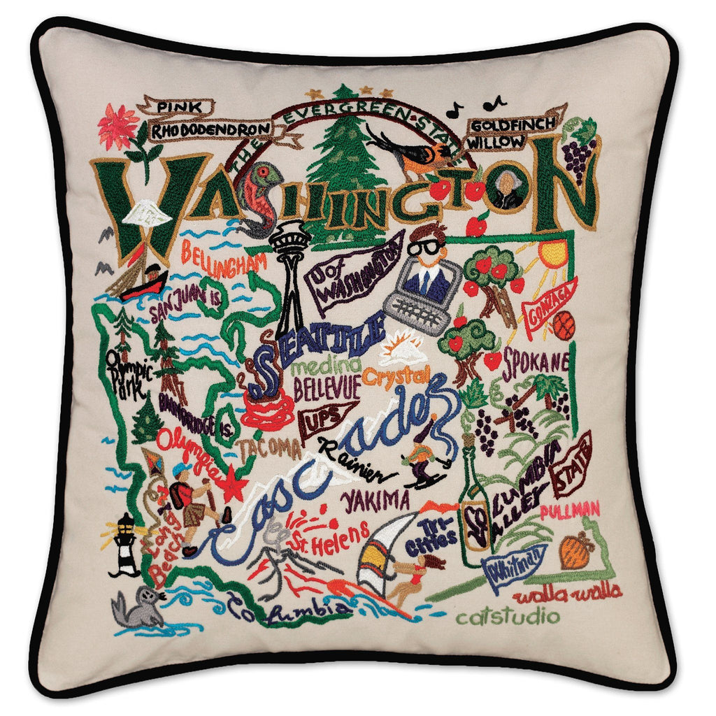 catstudio - Washington State Pillow -Capturing the essence of a place, each of our geography collection pillows is EMBROIDERED by HAND on 100% organic cotton.