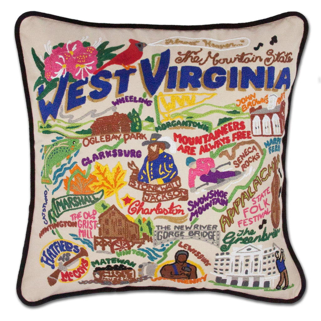catstudio - West Virginia Pillow - Capturing the essence of a place, each of our geography collection pillows is EMBROIDERED by HAND on 100% organic cotton.