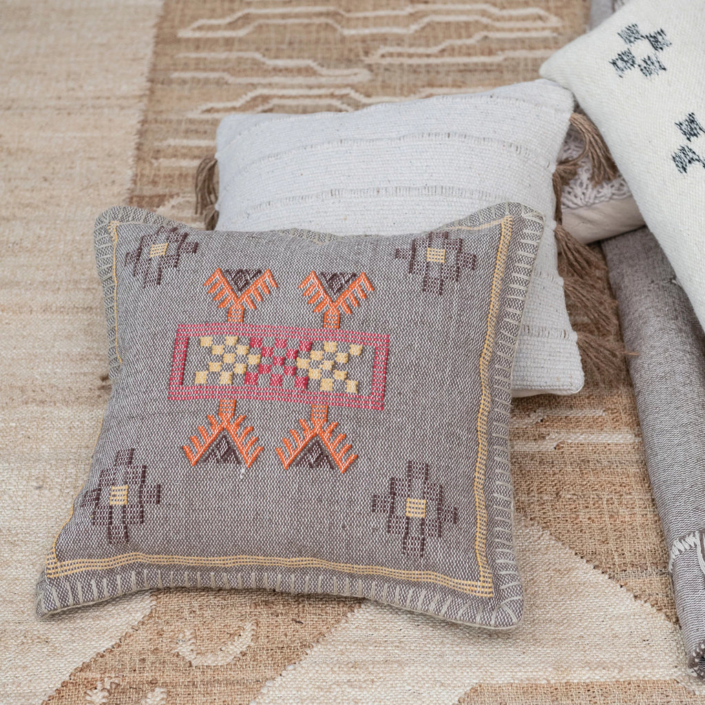 Hand-Woven Cotton Pillow w/ Embroidery, Blanket Stitch & Chambray Back - Mockingbird on Broad