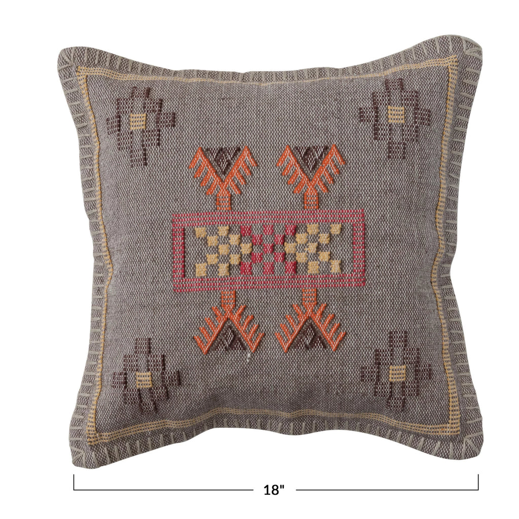 Hand-Woven Cotton Pillow w/ Embroidery, Blanket Stitch & Chambray Back - Mockingbird on Broad
