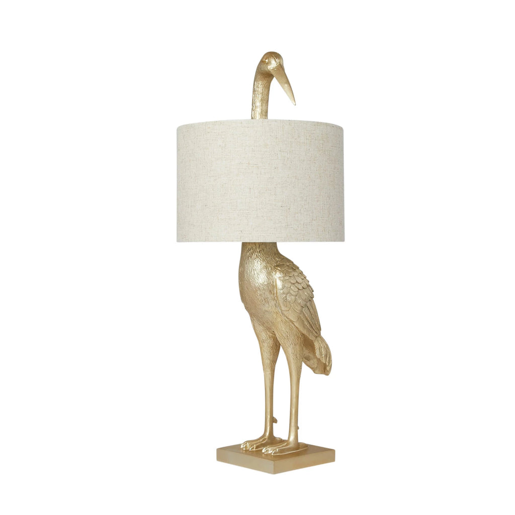 Resin Bird Table Lamp with White Linen Shade and Inline Switch, Gold Finish - Mockingbird on Broad