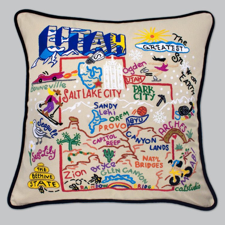 catstudio - Utah Pillow - Mockingbird on Broad
Capturing the essence of a place, each of our geography collection pillows is EMBROIDERED by HAND on 100% organic cotton.