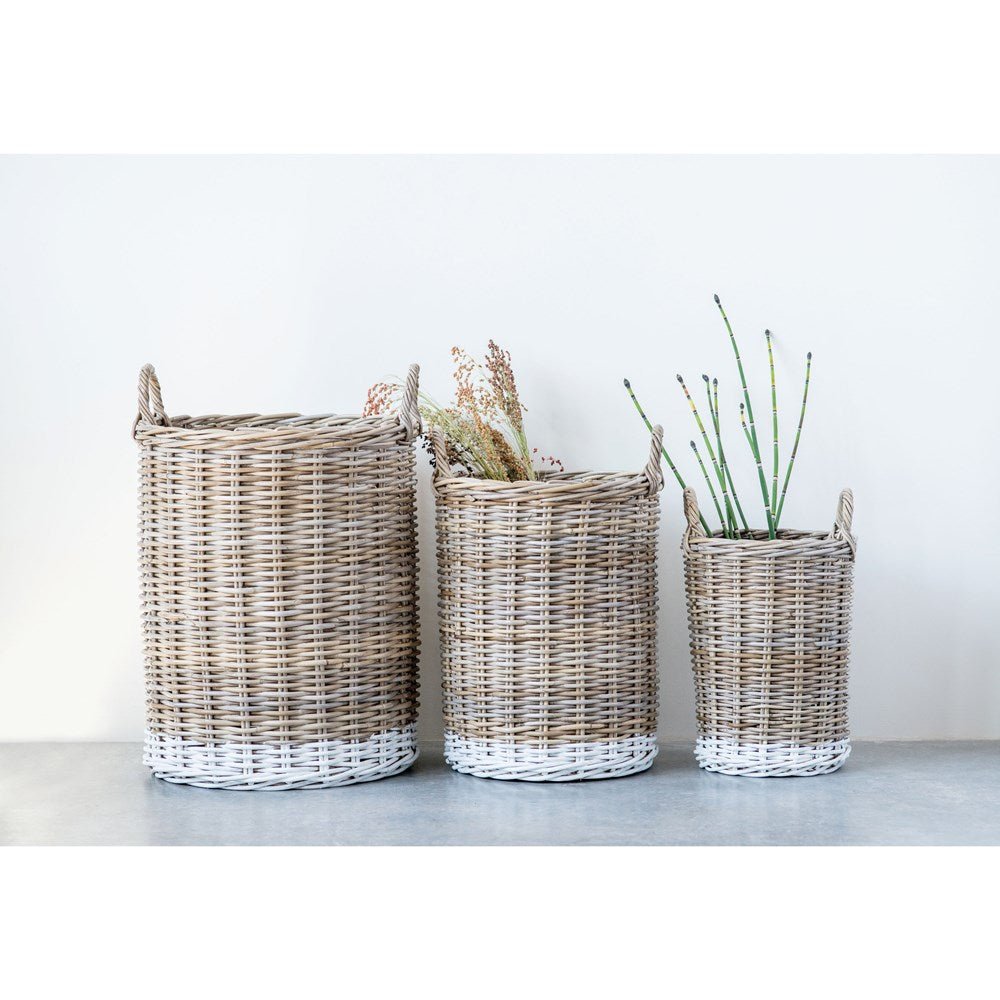 Natural Rattan Baskets w/ Handles, Dipped White, Set of 3 - Mockingbird on Broad