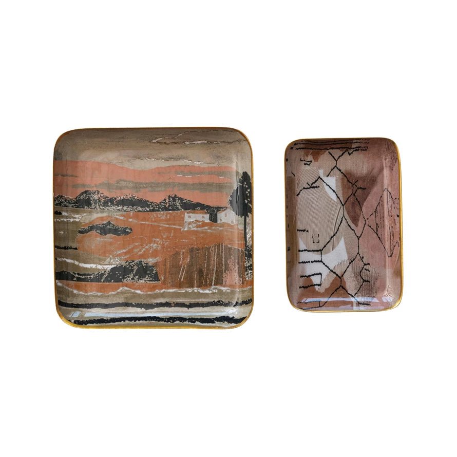 Enameled Metal Trays w/ Landscape/Abstract Image & Gold Rim - Mockingbird on Broad