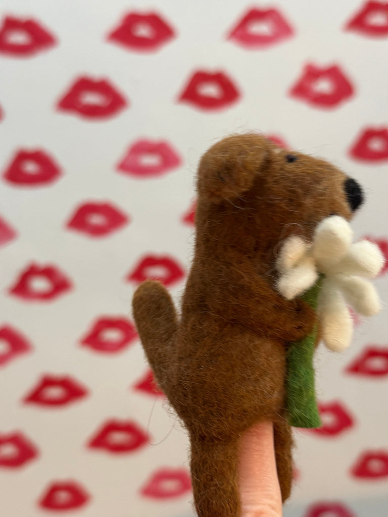 Felt Finger Puppet - Dog Brown w/ Flower - Mockingbird on Broad