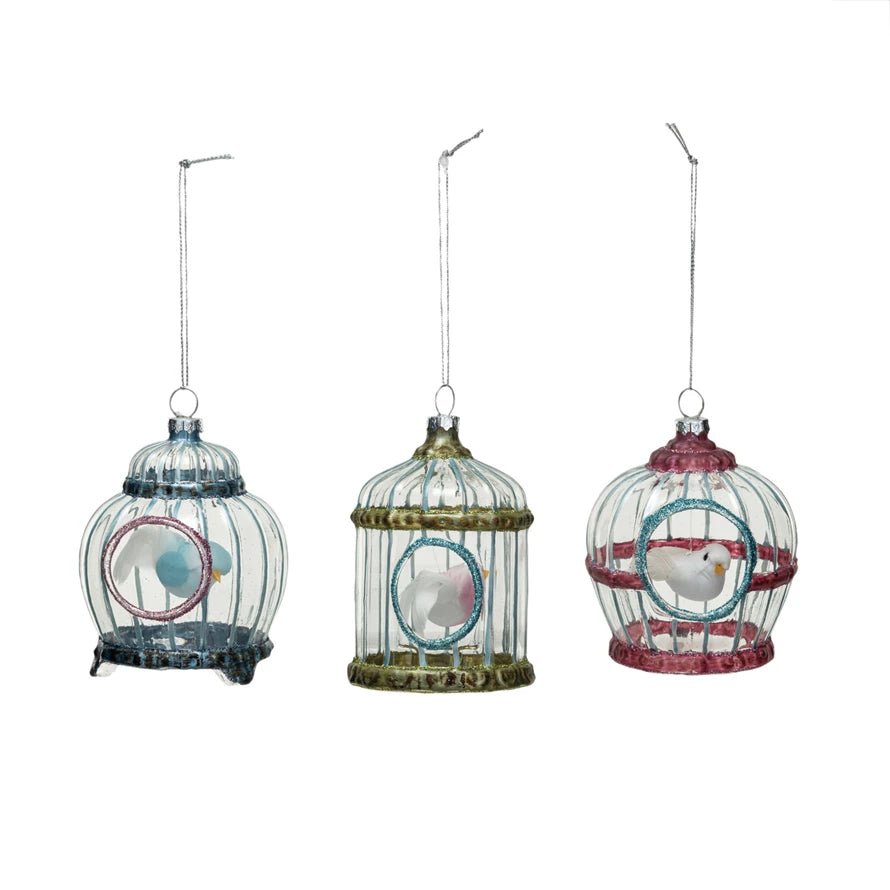 Glass Birdcage w/ Bird Ornament, 3 Styles - Mockingbird on Broad