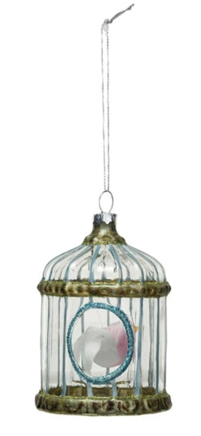 Glass Birdcage w/ Bird Ornament, 3 Styles - Mockingbird on Broad