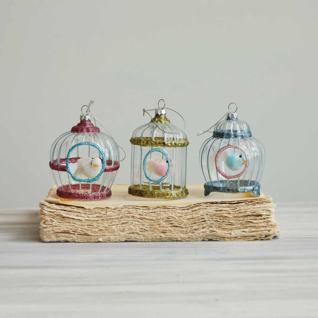 Glass Birdcage w/ Bird Ornament, 3 Styles - Mockingbird on Broad