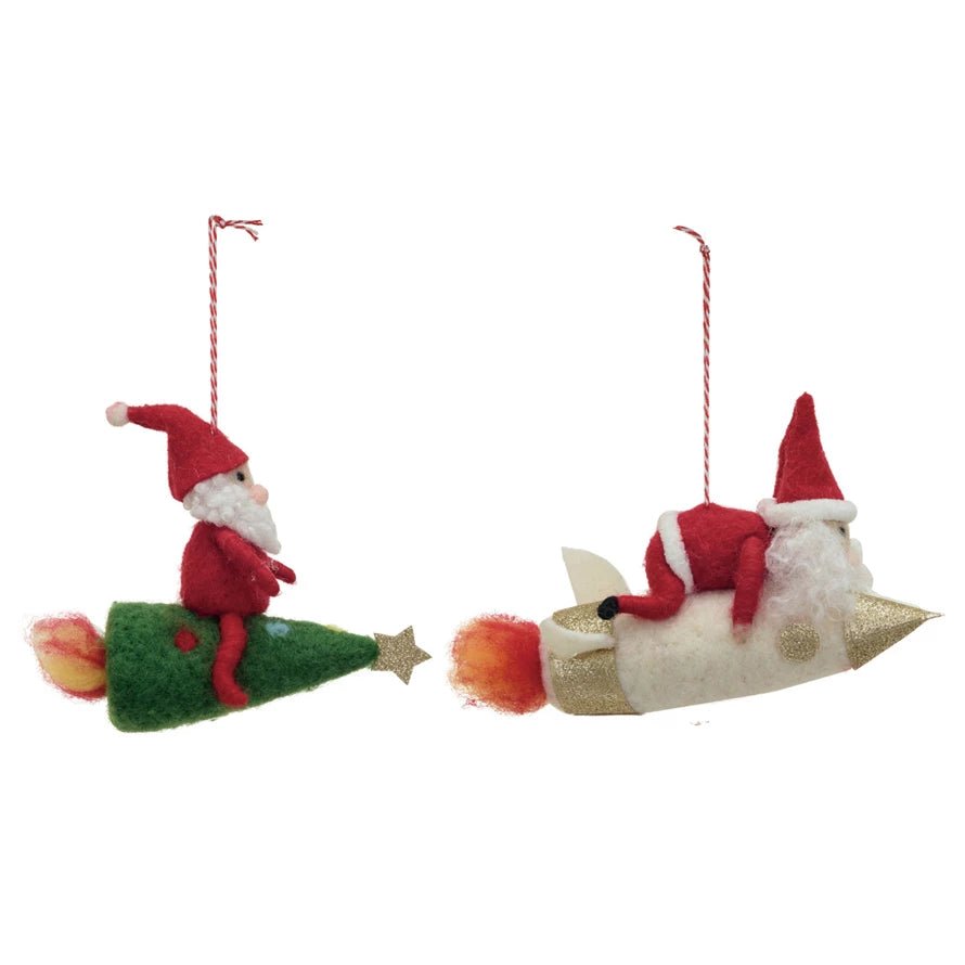 Handmade Wool Felt Santa on Tree/Rocket Ornament | 2 Styles - Mockingbird on Broad