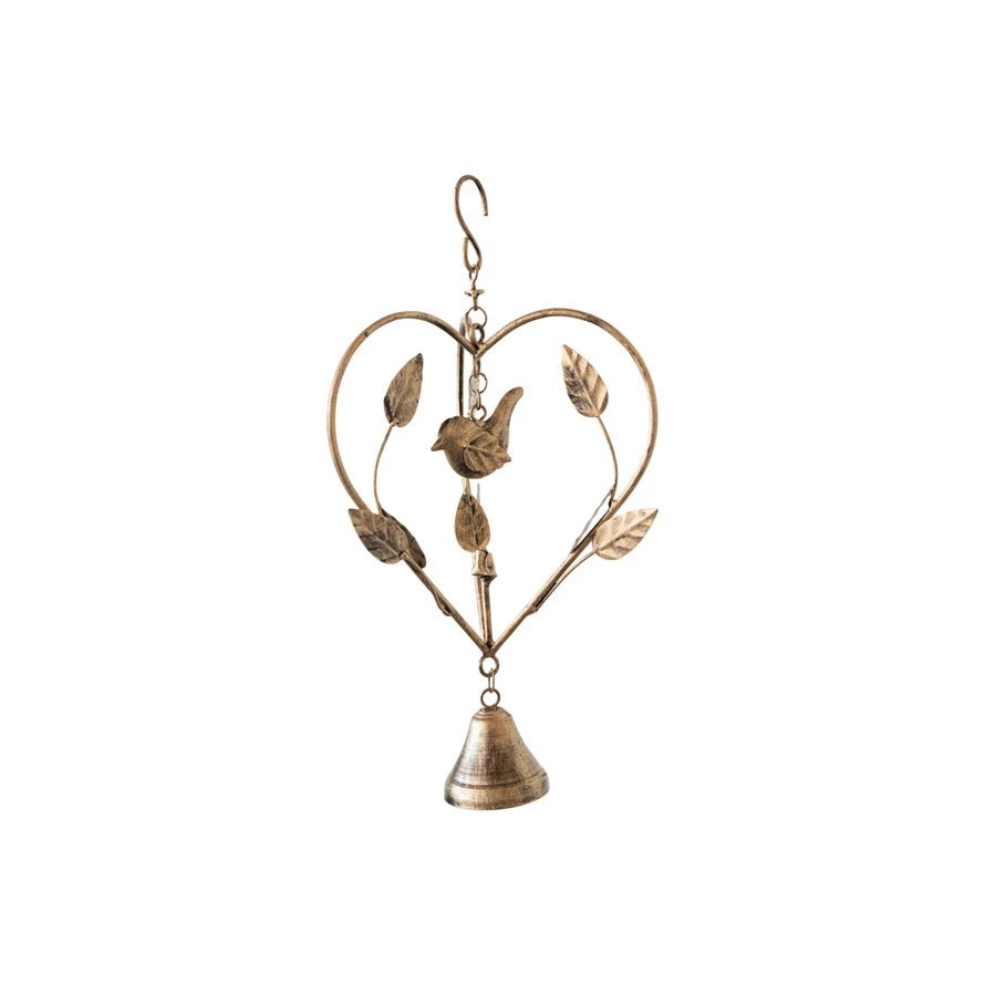 Hanging Metal Heart Shaped Décor w/ Leaves, Bird & Bell - Mockingbird on Broad