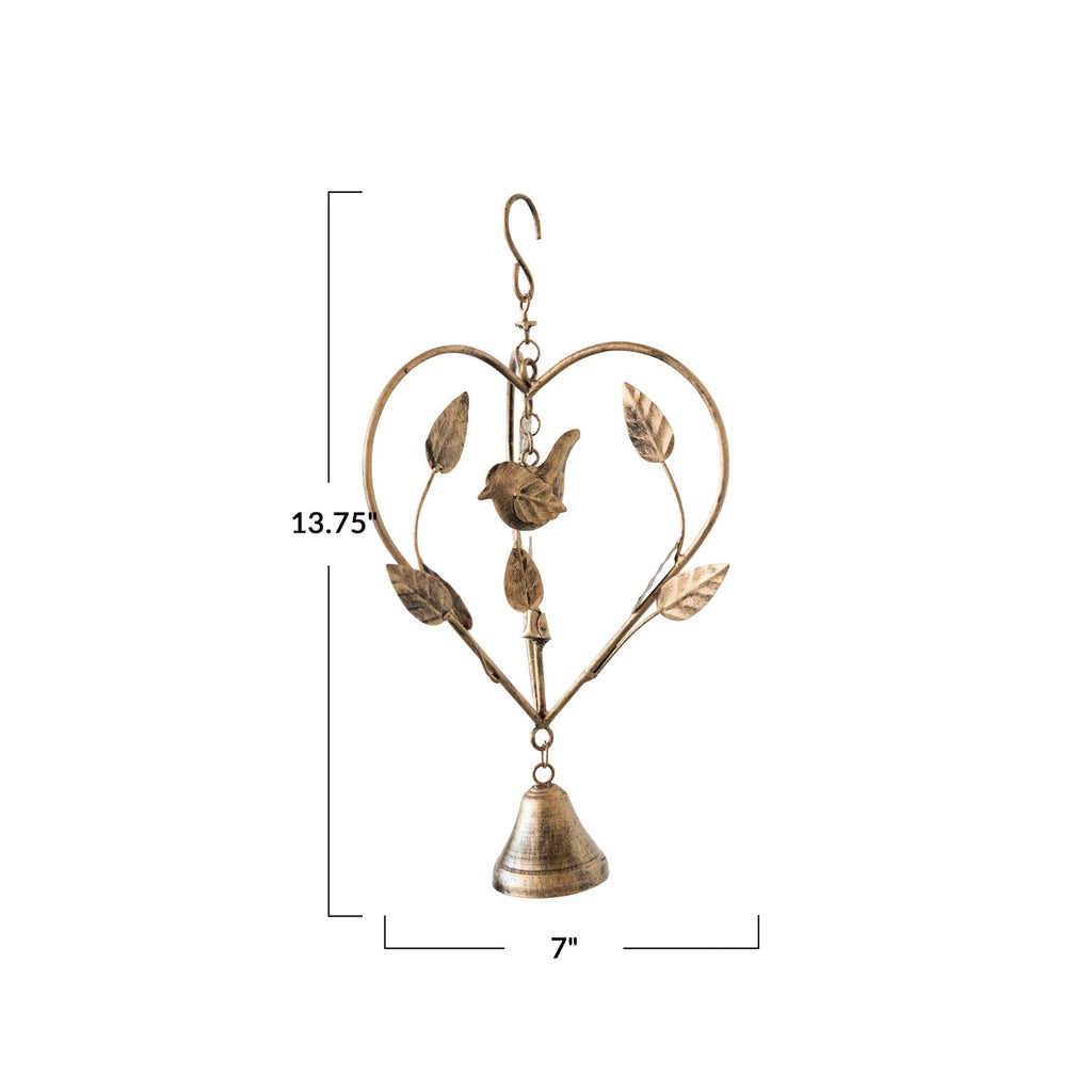 Hanging Metal Heart Shaped Décor w/ Leaves, Bird & Bell - Mockingbird on Broad