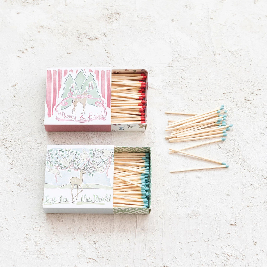 Matches in Matchbox w/ Reindeer & Holiday Saying, 2 Styles - Mockingbird on Broad