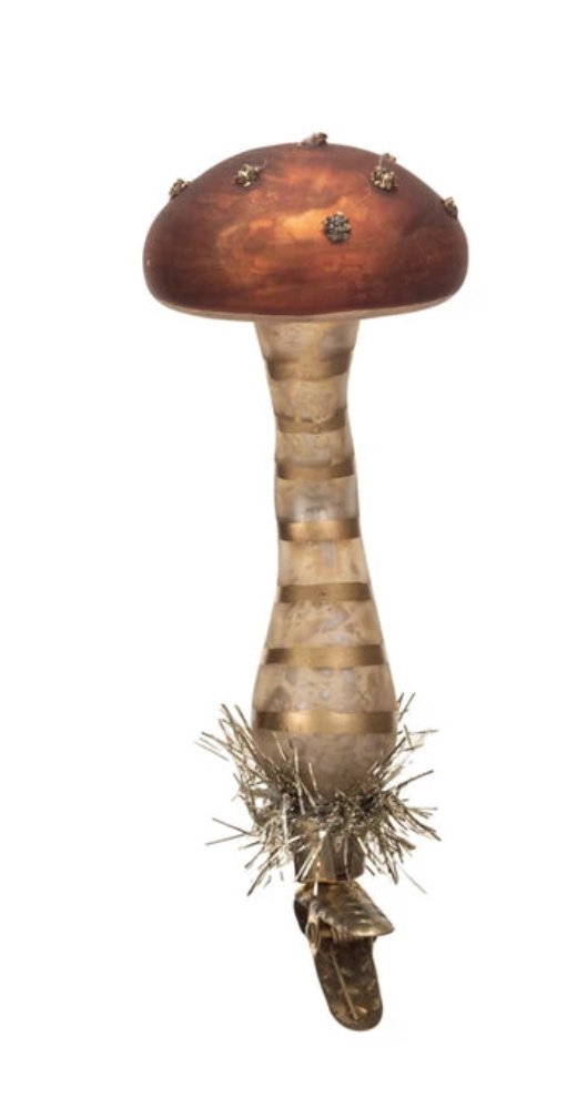 Mercury Glass Mushroom Clip - On Ornament w/ Tinsel & Glitter, 2 Styles - Mockingbird on Broad