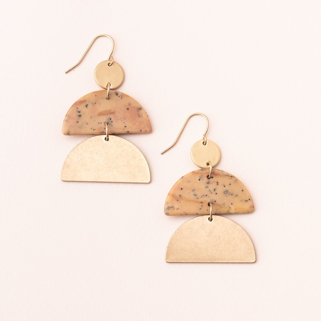 Stone Half Moon Earring | Petrified Wood/Gold - Mockingbird on Broad