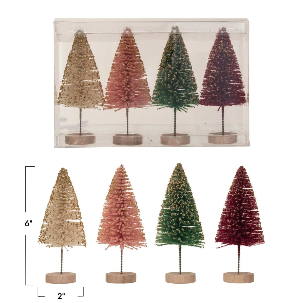 Sisal Bottle Brush Trees w/ Gold Glitter & Wood Base, Boxed Set of 4 - Mockingbird on Broad