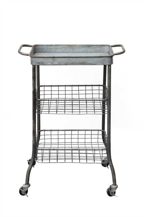 Tin Cart On Casters w/ 2 Wire Shelves - Mockingbird on Broad